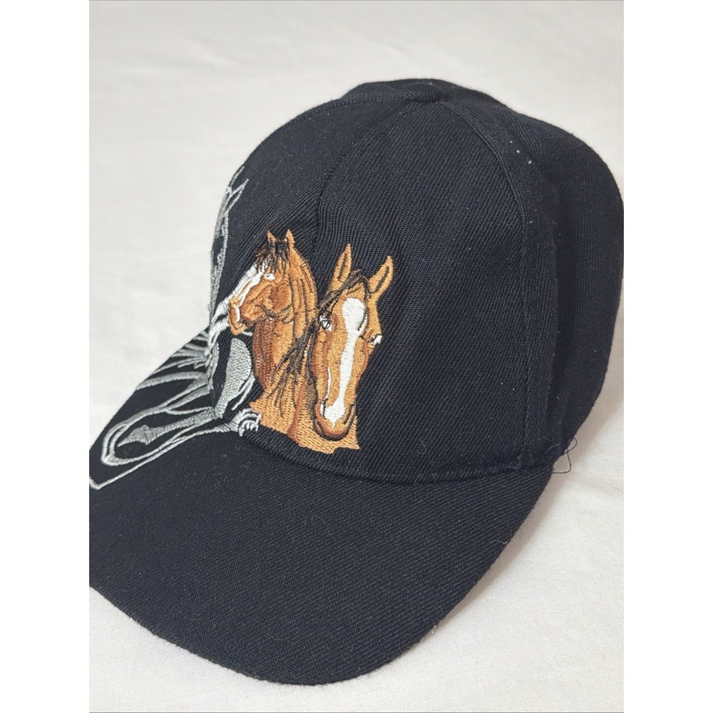 YX Hat Black Multicolor Embroidered Horse Heads Adjustable Strap Vtg Ranch Hat - Picture 14 of 16